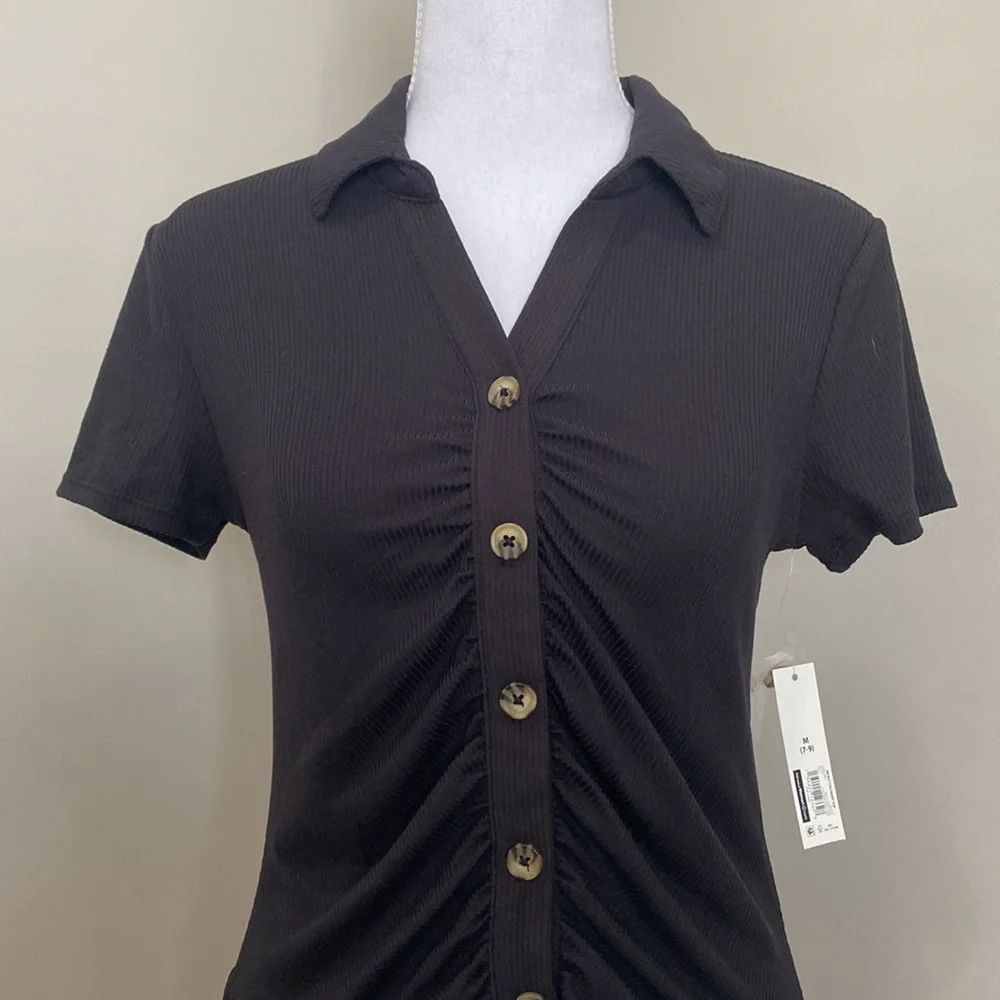 Black Light Knit Top with Button Details and Collared V-Neck​ - Picture 2 of 8